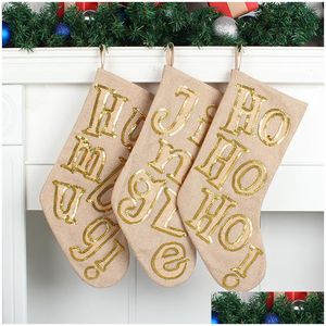 Decorações de Natal Lantejoulas Letra de Natal Meia Lantejoulas de Ouro Bordado Applique Pendurado para Decorações Familiares Presente de Natal Home Dh5ii