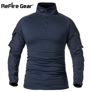 ReFire Gear Army Combat T shirt Men Long Sleeve actical -Shirt Solid Cotton Military Shirt Man Navy Blue Hunt Airsoft Shirts 21071251r