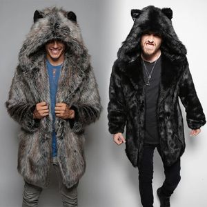 Män s rockar björn plysch faux casual fur parka tjock varm kappa långärmad mode huva jackor dike manlig blus snö slitage vinter