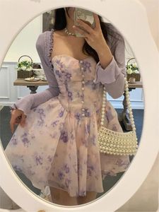 Sukienki swobodne lekkie fioletowe kwiatowy nadruk szyfonowy pasek gorsetowy sukienka y2k vintage vintage elagant female wakacyjna plaża mini impreza