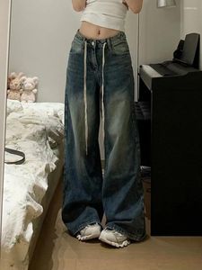 Jeans da donna Pantaloni dritti stile coreano alla moda casual larghi e larghi con gamba larga lavati vintage invecchiati con coulisse