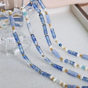 チョーカーミナーハンドメイドブルーカラー天然石淡水真珠のビーズネックレス女性用18KゴールドPVDメッキチタンスチール