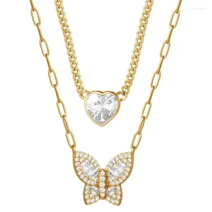 Pendant Necklaces Women's CZ Yellow Gold Plated Sterling Silver Heart And Butterfly Necklace Set 18"