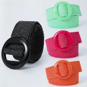 Bälten 2023 Kvinnor PP Straw Woven Stretch Belt Bohemian Style Elegant bred midjeband harts runt Buckle Retro Candy Color