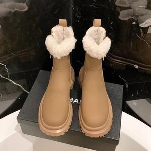 Stövlar 2023 Kvinnor Thermal Winter Warm Snow Ankle High Heels Plush Platform Low Botines Cowboy Fleece Jean Shoes