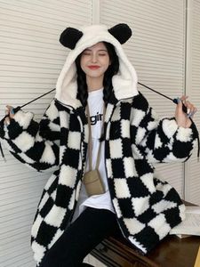 Hoodies femininos 2023 kawaii zip up solto punk mulheres inverno engrossar checkerboard harajuku urso orelhas bonito feminino moletom oversized casaco