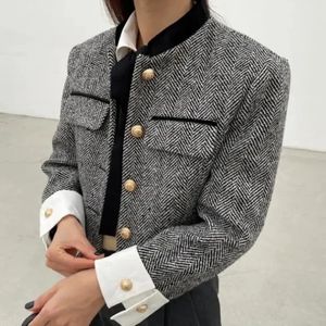 Женские пальто в клетку с металлическими пуговицами Hdspq для женщин 2023, весенняя тонкая укороченная куртка в корейском стиле с карманами, женские куртки с длинными рукавами 231013