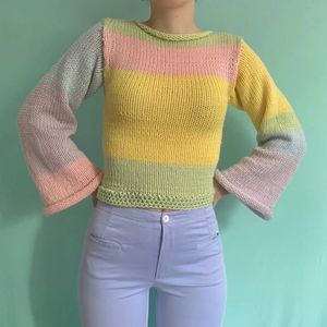 Kvinnors tröjor Y2K Vintage Rainbow Striped Sticked Sweaters Autumn Winter Crimping Long Sleeve Croped Pullovers Jumpers Streetwear Chic Women 231013