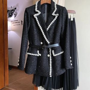 Kleid Damen Eleganter Tweed-Anzug Perlenblazer Jacke Mantel Oberteil und Gaze-Mesh-Rock Zweiteiliges Set Outfit Winterarbeit Jacquard-Kleidung 231013