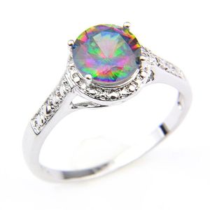 Luckyshine Classic Vintage Fuoco Rotondo Arcobaleno Topazio Mistico Anelli Argento 925 Zircone Anello da Donna Amante per le Feste di Nozze Par288n