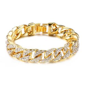 18K Altın Küba Zincir Bilezikler Erkekler Hip Hop 14mm 23cm Buzlu Kristal Miami Bilezik Hip Hop King Mücevher Bangles Hediye236r