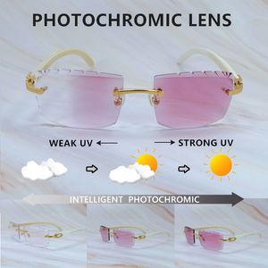 Neu in Sonnenbrillen für Herren, photochrome Gläser, zweifarbige Gläser, 4-Jahreszeiten-Brille, austauschbar, Diamantschliff, weißes Büffelhorn, Lentes de Sol Hombre