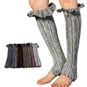 Kobiet Socks Knit Autumn Winter Ubrania Kontrast Kolor na kolanach Foot Ruffled Stocking Lolita Long