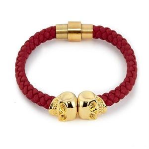 Bracciale in acciaio inossidabile da uomo in pelle intrecciata nera intera da uomo in acciaio per donna Braccialetti con ciondolo in oro con teschio da donna e uomo249T