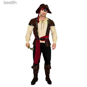 Tema Traje Halloween Venha Homens Pirata Cosplay Pirata Capitão Jack Sparrow Homens Adultos Purim Festa de Natal Luxo Buccaneer Outfits RoleL231013