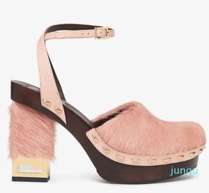 Pink Horsehair sandals for womens Designer Fashion Lizard skin Platform heel dress shoes 8.5CM high Heeled Wood Cork grain sandal Front