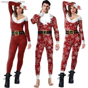 Tema Traje Cosplay Papai Noel Xmas 3D Impressão Padrão Mulheres Bodysuit Sexy Zentai Terno Feriado de Natal Venha Casal Roupas Catsuit T231013