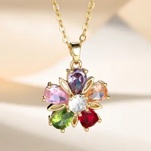 Pendanthalsband Charm Multicolor Pink Purple Red Green Stone Cherry Flower Clavicle for Women Gold Color O Chains Collar Gift