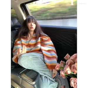 Damenpullover Korobov Vintage Orange Gestreifter Pullover Mantel Lose Lazy Chic Strickjacke Weiblich V-Ausschnitt Strickwaren Harajuku Koreanische Mode Y2k