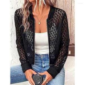 Women's Jackets Transparent Hollow Out Jacket Lace Casual Top Fashion Summer Baseball Collar Outwear Bomber Long Sleeve Coat