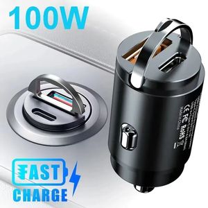 MINI 100W USB Typ C -billaddare PD QC3.0 Snabb laddning Pull Ringbil Telefonladdare Adapter för iPhone 15 14 13 12 Samsung S23 Moto LG