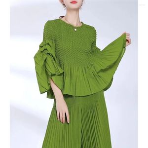 Women's T Shirts Miyake Loose Thin Temperament Blouse Female Pleated Bubble Sleeve Large Size With Elastic Waist To Cover The Stomach