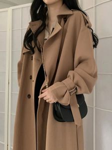 Kvinnorjackor Autumn Long Coats Woman Winter 2023 Toppar Solid Lapel DoubleBreasted Overdimensionerad Windbreaker Jacket Trench Coat för kvinnor Kläder 231012