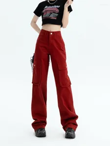 Damenjeans GUUZYUVIZ Multi Bag Casual Wide Leg Cargo Pants Loose Red Woman