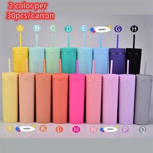 Local WarehouseWhole 16oz Acrylic Skinny Tumblers Matte Colored cups with Lids and Straws Double Wall Plastic Tumblers with294M