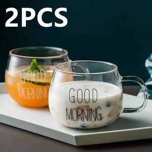 Kubki 2PCS Dzień dobry Transparent Creative Glass Coffee Mub Drinks Desser Breakfed Milk Tea Cup Pijowe oprogramowanie 231013