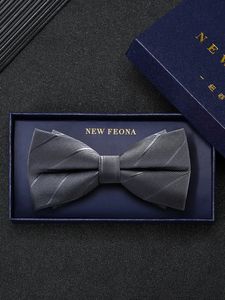 Bow Ties Dark Grey Striped Bow Tie Men's Business Suit British Korean Double-Layer Bow Man Group Wedding Solid Color Host 231013