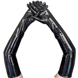 Cinco Dedos Luvas Adulto Sexy Longo Preto Luvas De Látex Metálico Olhar Molhado Luvas De Couro Falso Clubwear Dança Catsuit Cosplay Acessório Mittens 231013