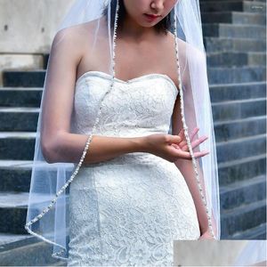 Bridal Veils Bridal Veils Mza64 Beaded Edge Wedding Veil Diamond Chain Hair Accessories 1 Tier Soft Fingertip Length Tle Wedding , Par Otrdr