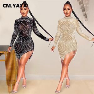 Summer See-See-Shrough Diamonds Dress Women Sexy Slim Elastic Mini Tassel Lady Club Party Night Outfit329g