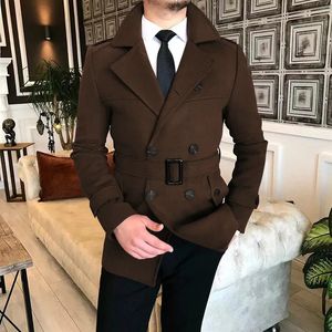 Men's Wool Blends Autumn Winter Double Breasted Woolen Overcoat High Quality Male Laple Belt Solid Thick Trench Coat Trend Causal Outerwear 231012