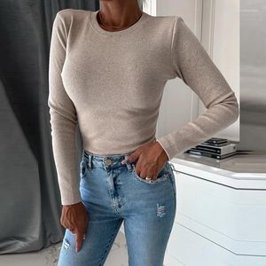 Kvinnors blusar faller avslappnad smal tät botten skjortor kvinnor mode runda nacke bodycon topps pullover vår solid rib stickad harajuku