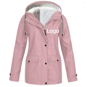 Women's Trench Coats Custom Your Logo Velvet Warm Outdoor Hoodie Jackets For Women Windproof Solid Coat Diy Print Hiking Hooded Overcoat