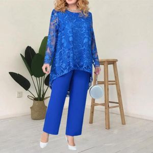 Women's Two Piece Pants 2Pcs/Set Solid Color Top Set Long Sleeves Cocktail Outfit Hollowed Lace Design Arc Hem Wide Straight Leg Streetwear