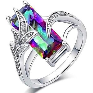 Cluster Rings Luxury Square Shape Shiny Rainbow Stone Ring Prong Setting Fashion Cocktail Wedding For Women Jewelry Whole Lots190c