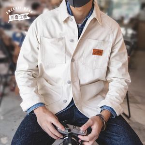 Herrjackor Maden White Jackets för män Tooling French Retro Hunting Casual White Denim Jacket Shirt Slim Top Japanese Jacket Men's Trend 231012