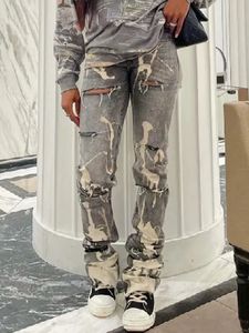 سراويل جينز المرأة SIFREYR غير رسمية ثقب ممزق للنساء أزياء رمادية طباعة عالية الخصر سراويل الضعف الضيق في الشارع قيعان y2k سراويل مكدسة 231012