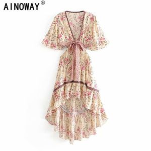 Vintage chic women floral print short sleeve rayon Bohemian dresses Ladies V neck Tassel Summer Boho pleated Maxi dress vestidos Y2659