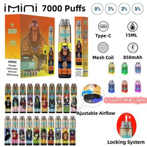 Original Imini PUFFS 7000 Disposable Electronic Cigarette Recharged with 20 flavors 0% 2% 3% 5% Salt Concentration and Optional Atomizer Visible Oil Tank System 12k