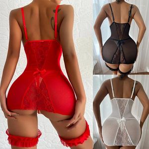 Sleepwear Porn Women's Pyjamas Set Sexig Crotchless Nightgowns Women Mesh Perspektiv Underkläder klänning Spets mjuk nattdress med strumpeband pajama 486