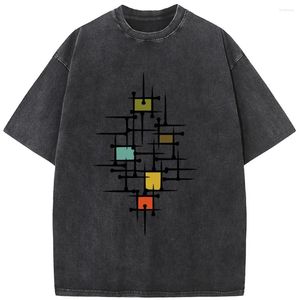 Men's T Shirts Geometric Line Unisex Washed T-Shirt Summer Loose Bleached Tshirt Cotton 230g O-Neck Casual Short Sleeve Bleach Tops Tee