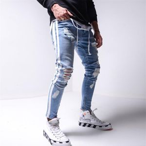 Erkekler Kot yırtıp Kalem Pantolonu Erkekler Sıska Denim Biker Yan Çizgili Delin Hip Hop İnce Fit Adam Çıkarılmış Jean Hombre243E