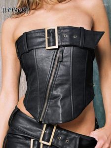 Women's Tanks Weekeep Punk Leather Crop Top Women Grunge Belt Stitched Strapless Zip Up Corset Tops Y2k Streetwear Gothic PU Tube Tee