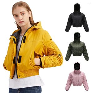 Damenjacken Winter Baumwolle mit Kapuze Kurze Bomber Crop Puffer Jacke Frauen Casual Langarm Gelb Mantel K690