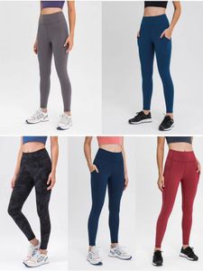 LU 026 YOGAレギンスパンツヨガ服の女性スポーツタイトレディパンツエクササイズファイスヨガワルドレギングサイドポケット