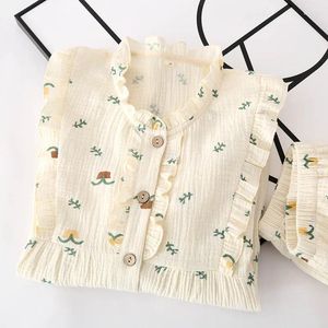 Pijamas femininos 2023 outono inverno pijamas calças de manga longa conjunto de duas peças de algodão senhoras crepe flor impressão mobiliário doméstico